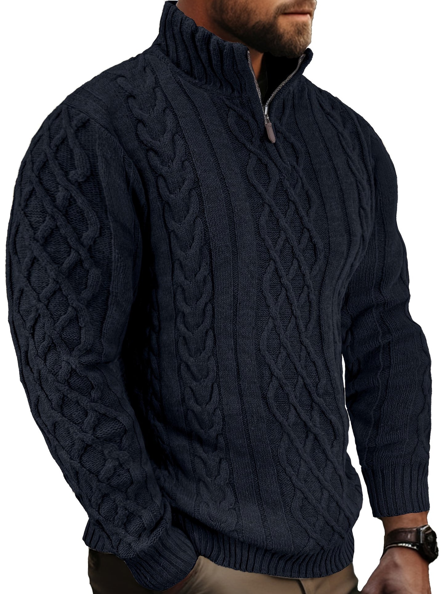 COMDECEVIS Mens Quarter Zip Cable Knit Mock Neck Sweater