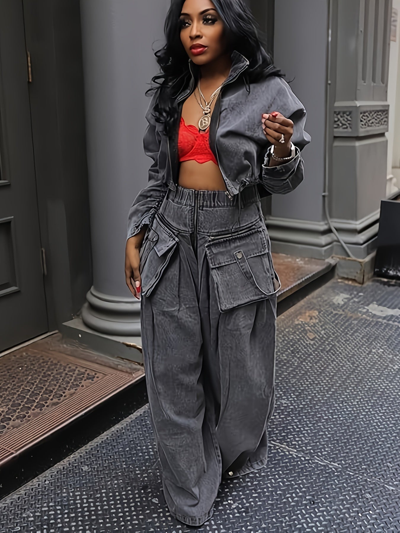 Women's Denim Set Jacket And Wide Leg Pants Polyester