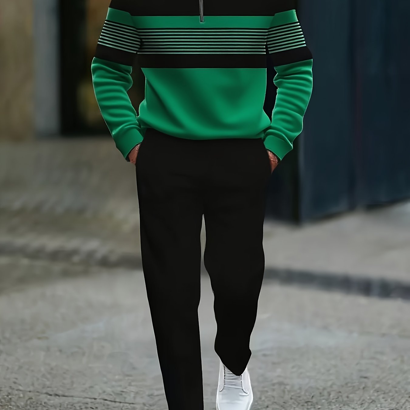 Mens Casual Striped Two Piece Set With Zip Front Jacket