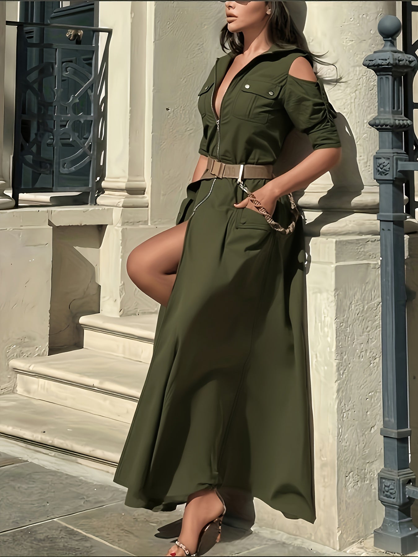 Elegant Off Shoulder Maxi Dress With Zipper Pockets