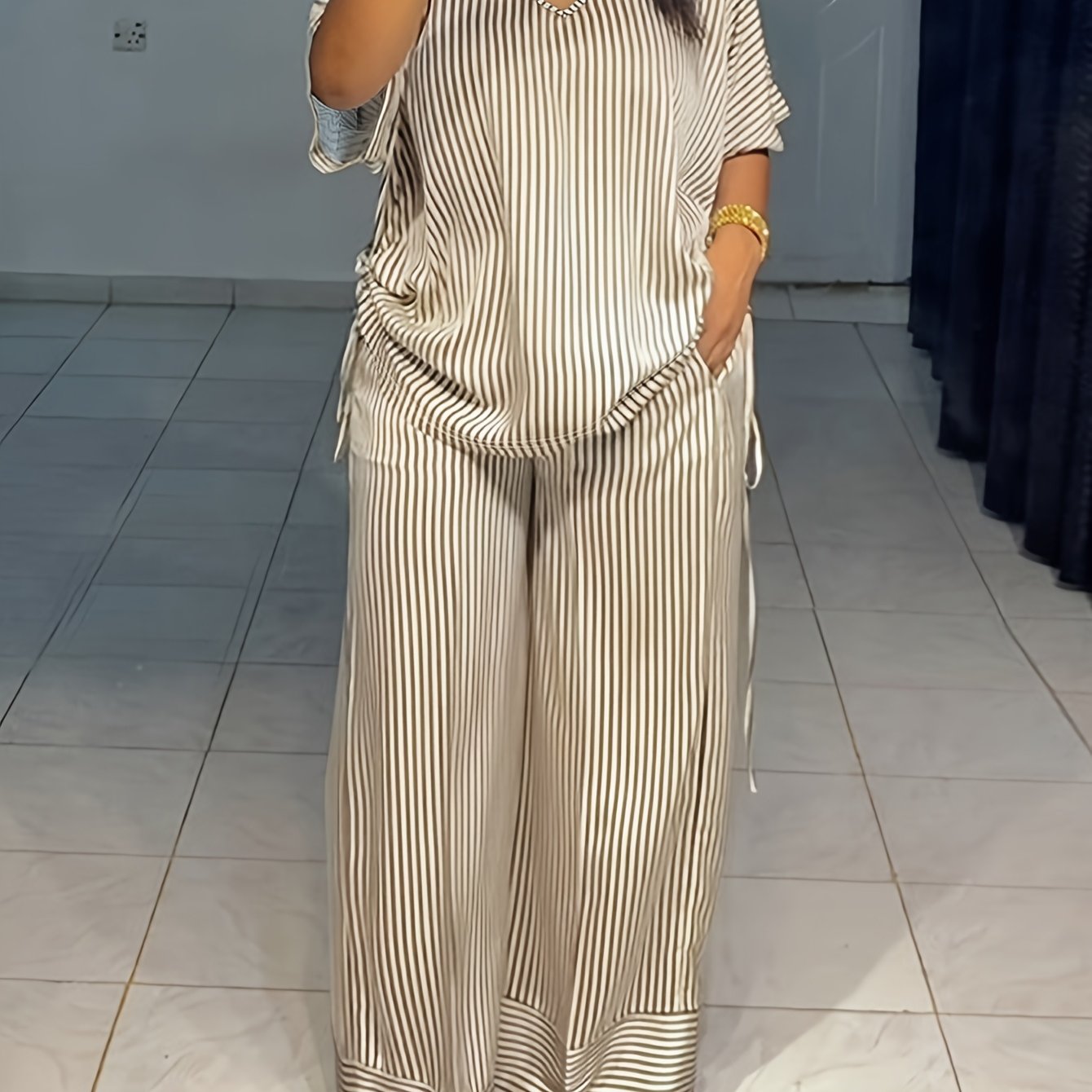 LAFOLIE Casual Striped Polyester Two Piece Set With Pockets