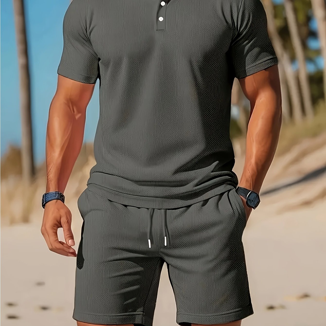 Mens Summer Casual 2pc Short Sleeve Shirt And Shorts Set