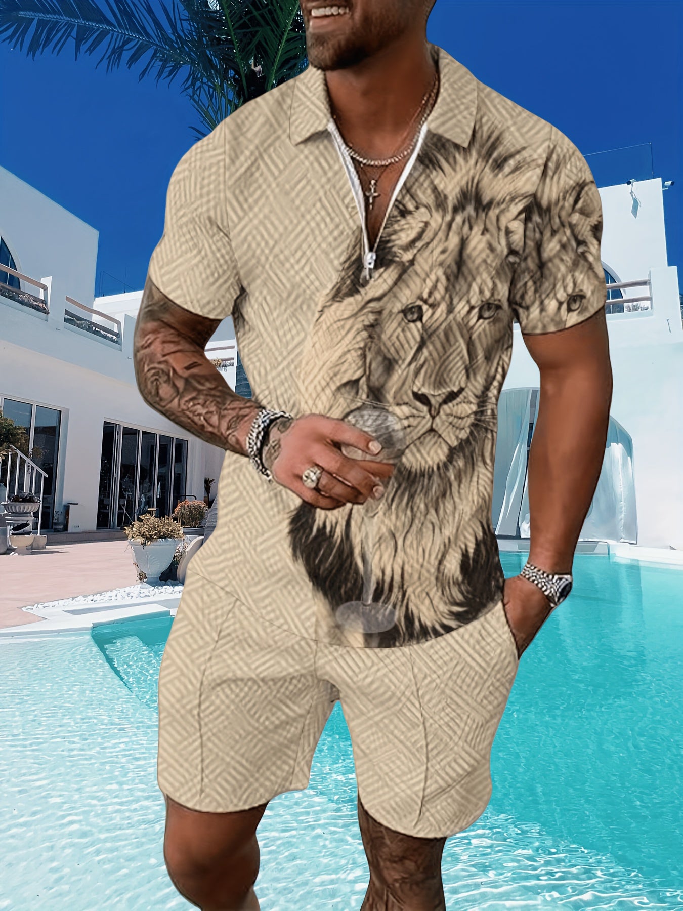 Men's Casual T Shirt Shorts Set Geometric Polyester Fabric