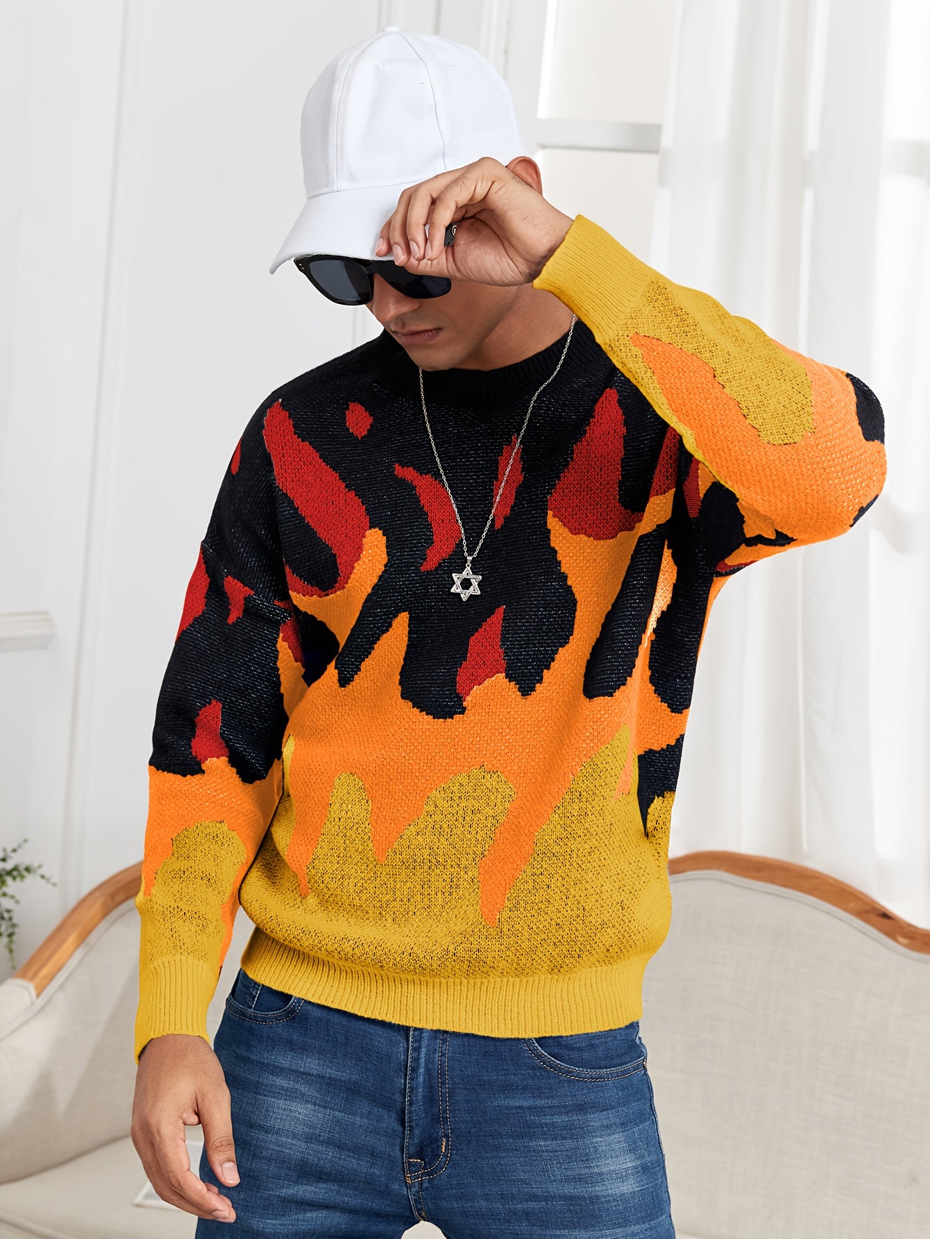 Oversized Crewneck Sweater Flame Graphic Knit For Men Women