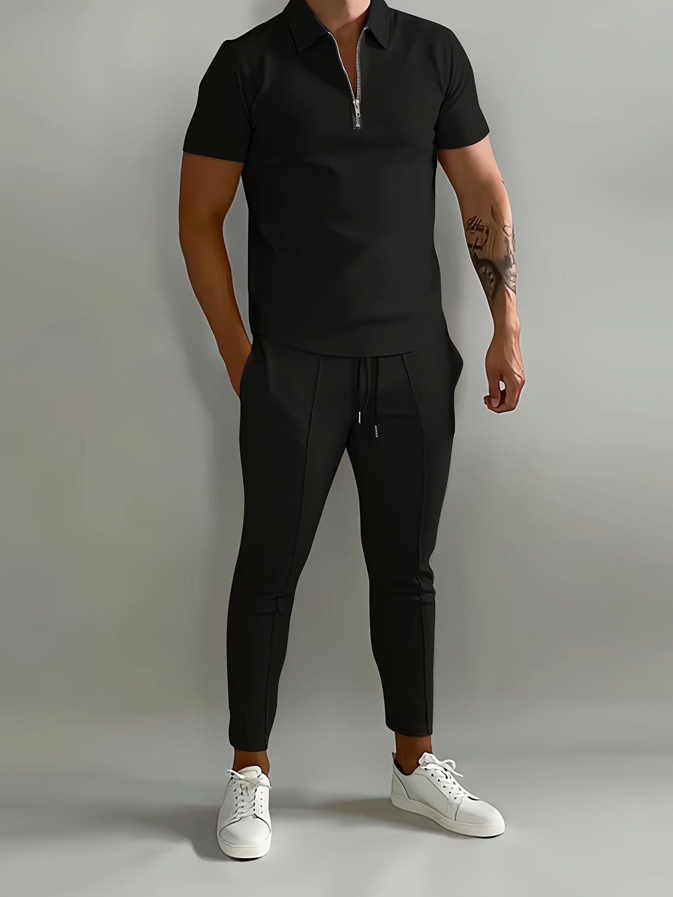 Men's Casual Polo Set With Zipper Polo And Pocket Pants
