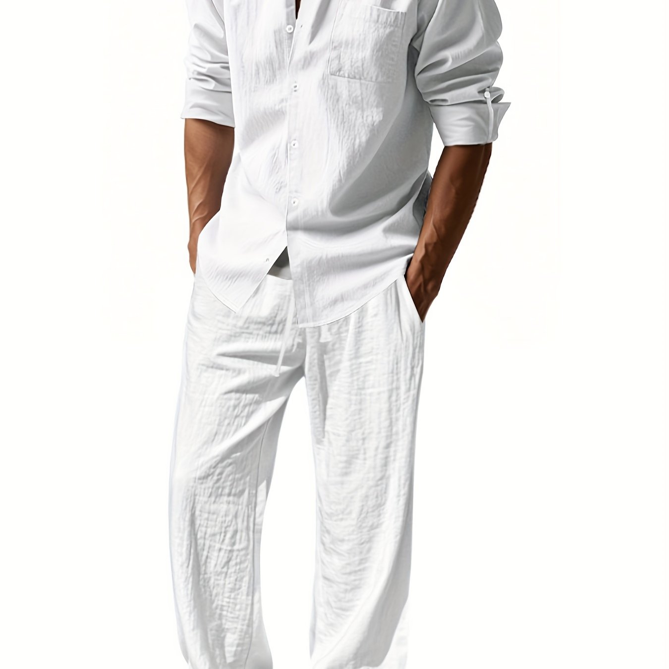 Mens Breathable Linen Suit Set Two Piece Office Wear