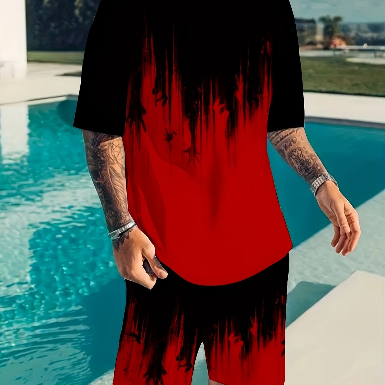 2 Piece Men's Casual T Shirt And Shorts Set Print Polyester