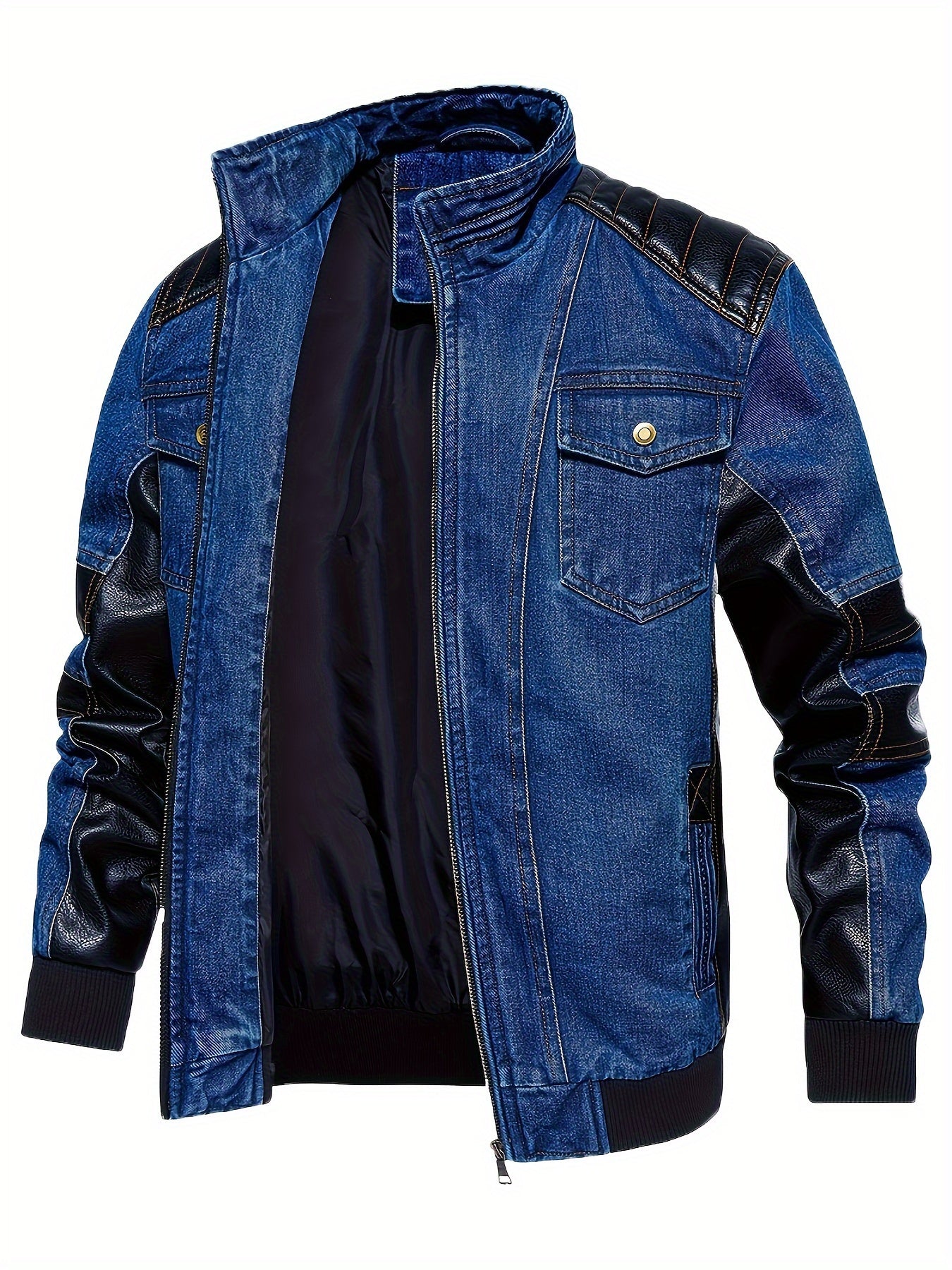 MSOPCCACollar Patchwork Denim Faux Leather Moto Jacket