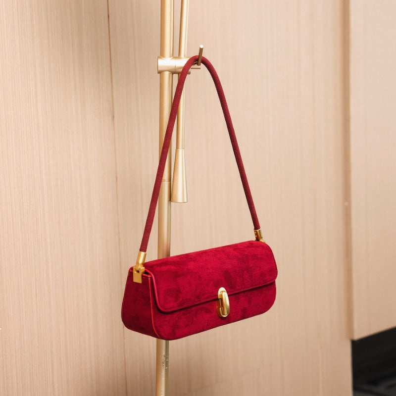 Suede Shoulder Bag Women Chic Baguette Design Lock Closure