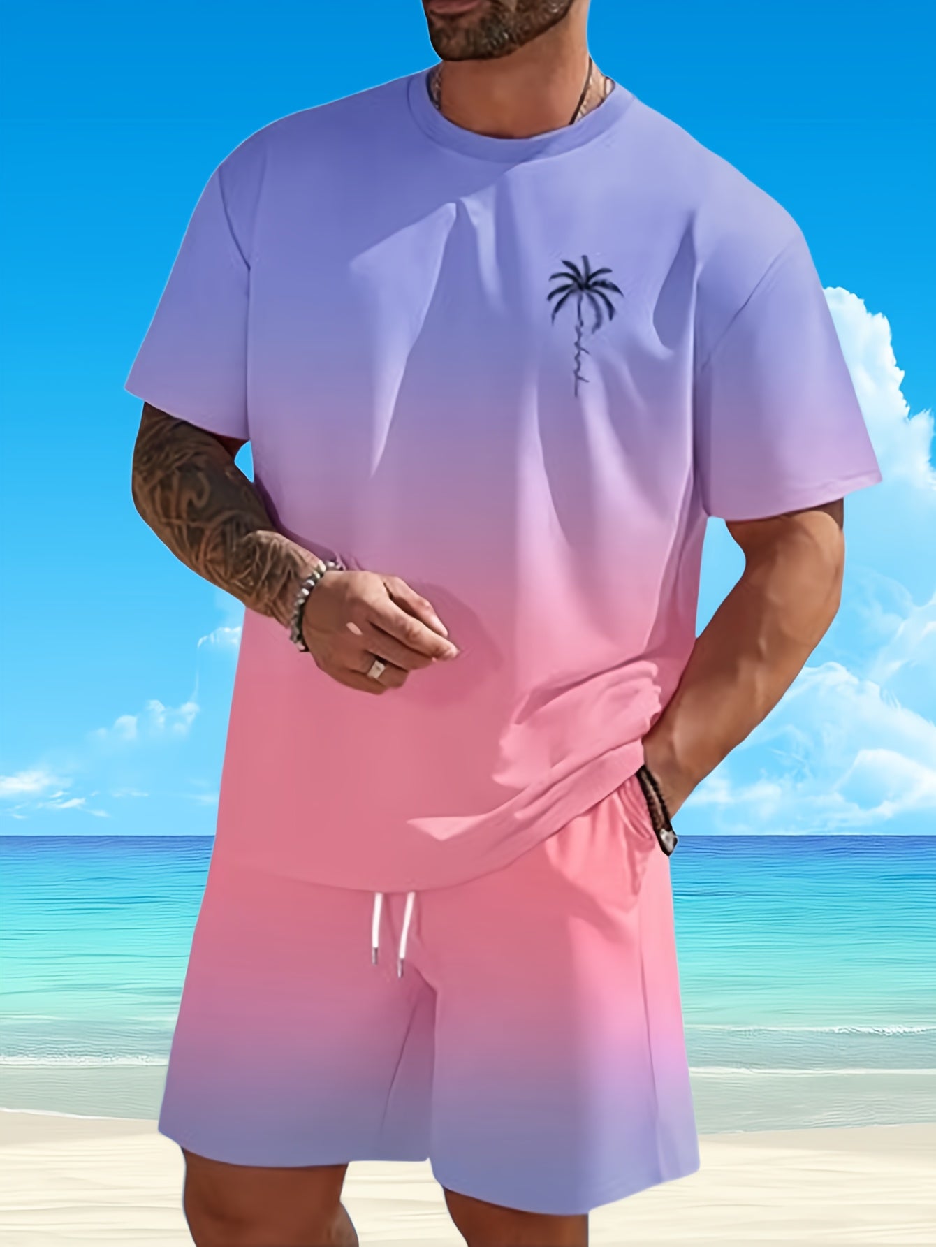 Men's Tropical Print Beachwear Quick Dry Trunks And Tees