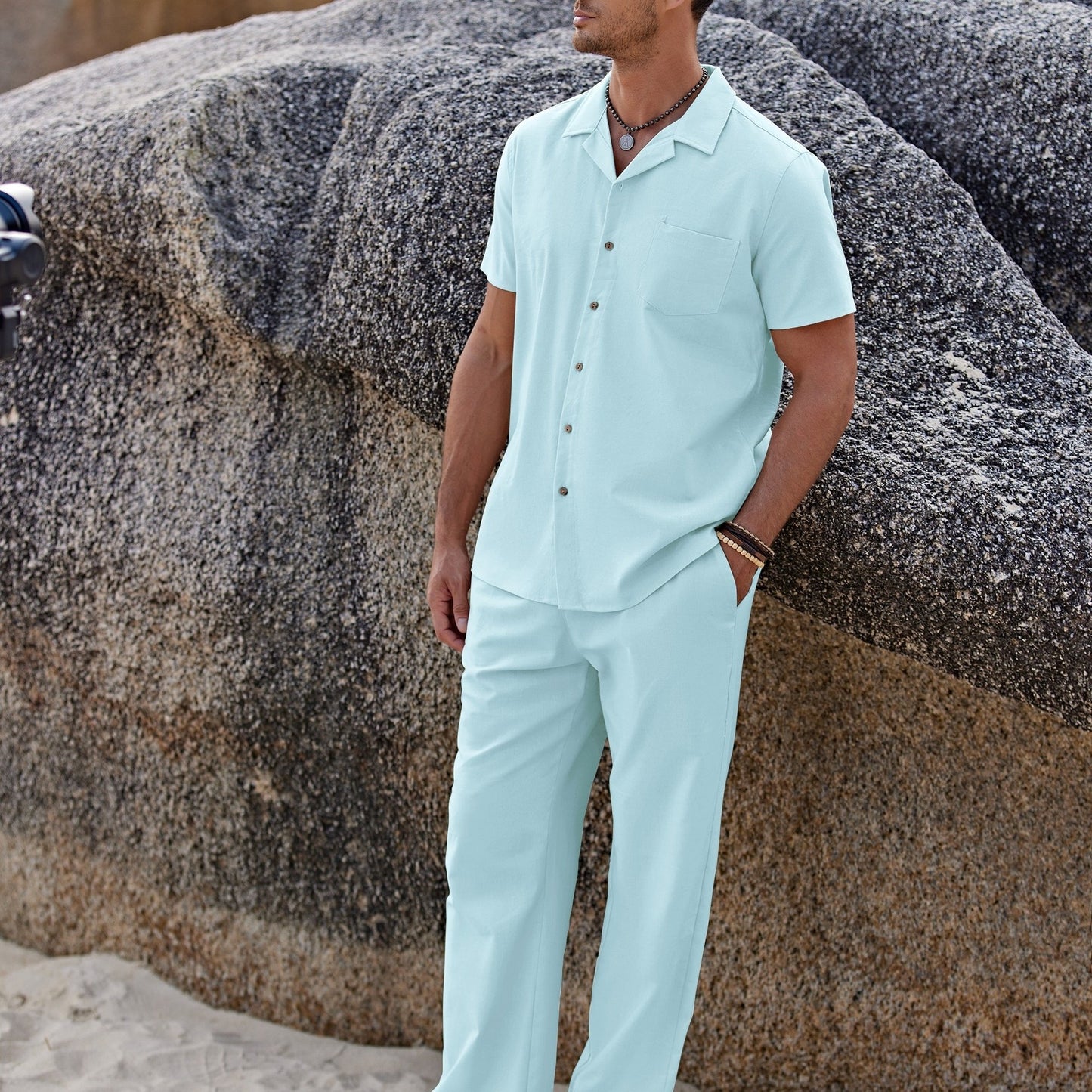 Men Linen Beach Button Shirt And Linen Pants Set Casual 2pc