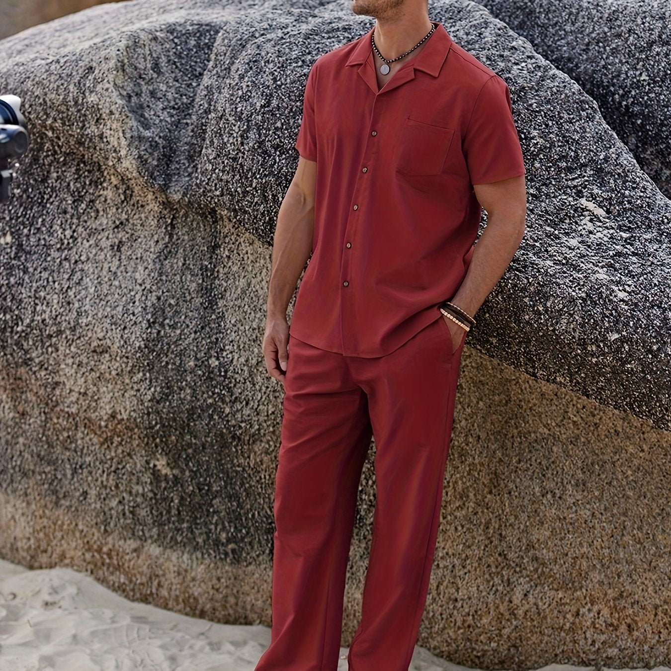 Men Linen Beach Button Shirt And Linen Pants Set Casual 2pc