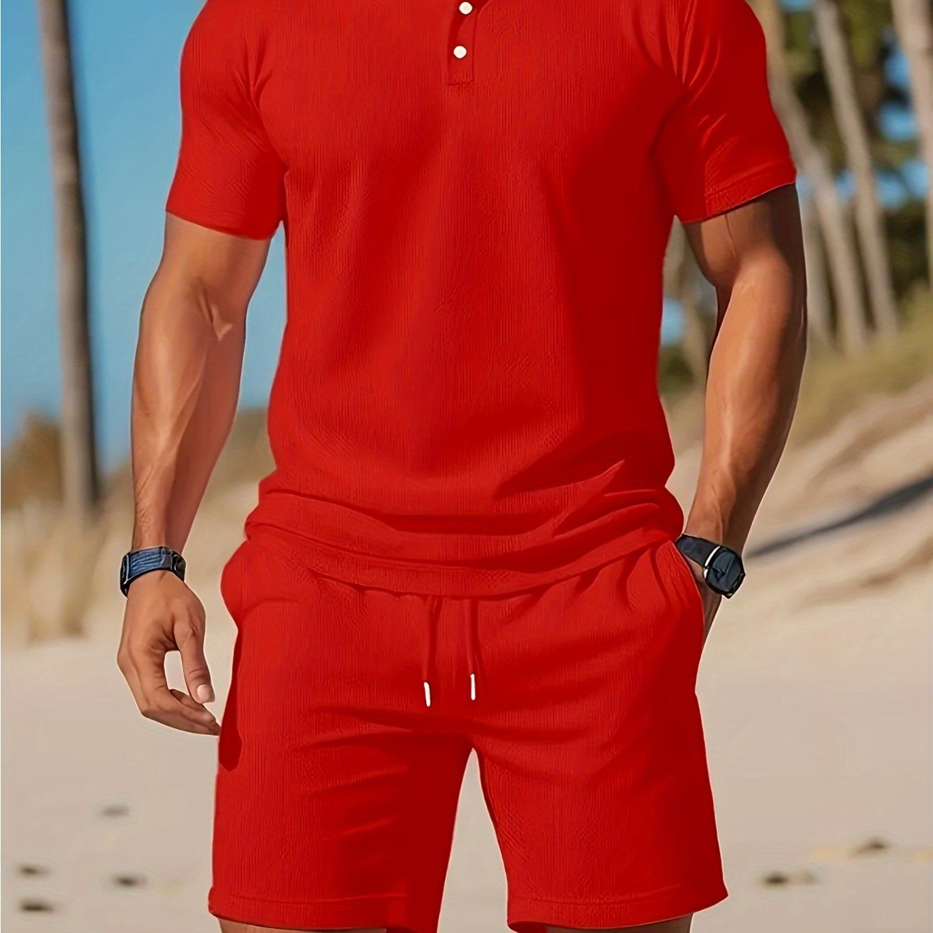 Mens Summer Casual 2pc Short Sleeve Shirt And Shorts Set