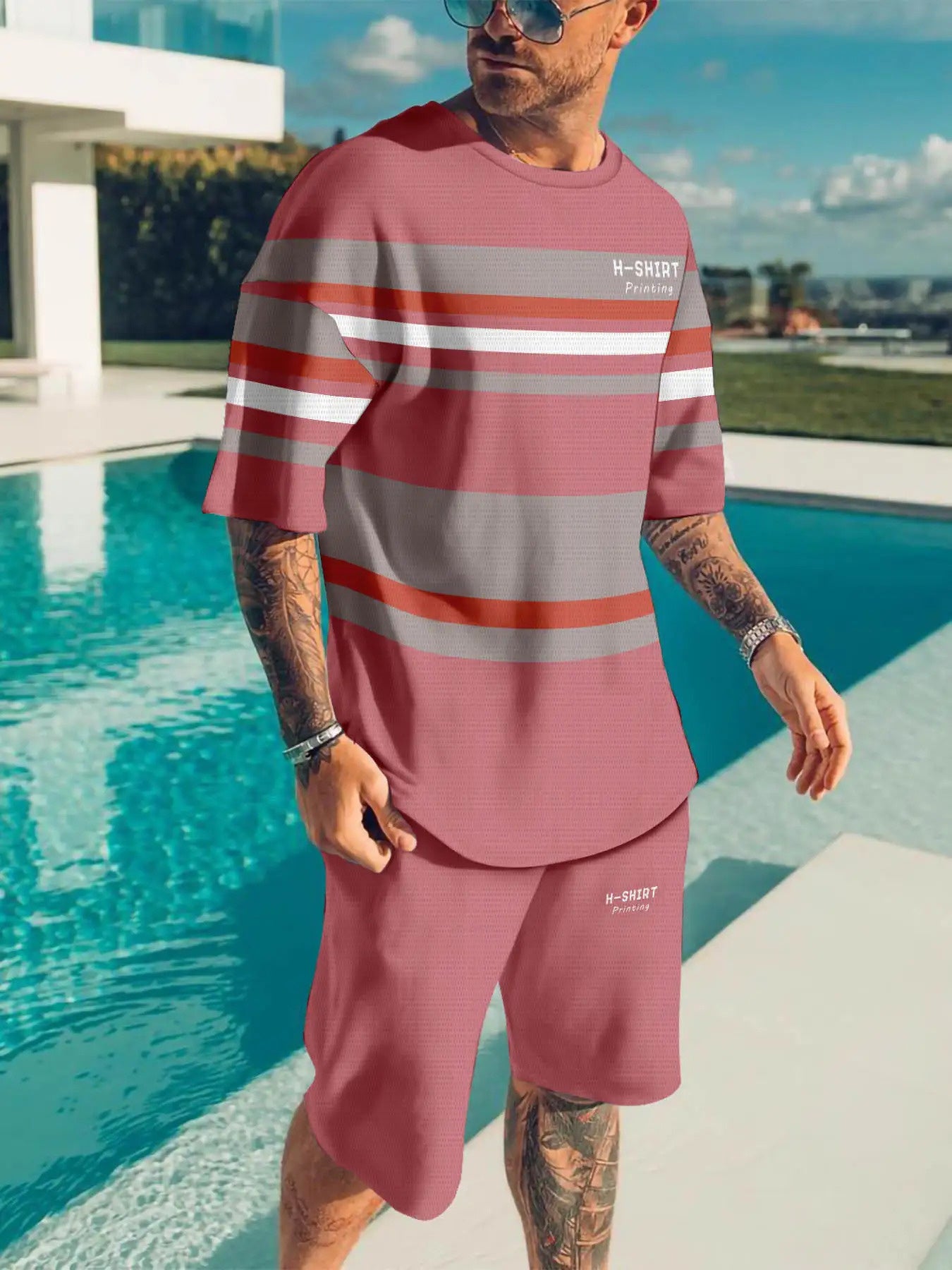Mens Striped Athletic Set 2pc Breathable Polyester Quick Dry