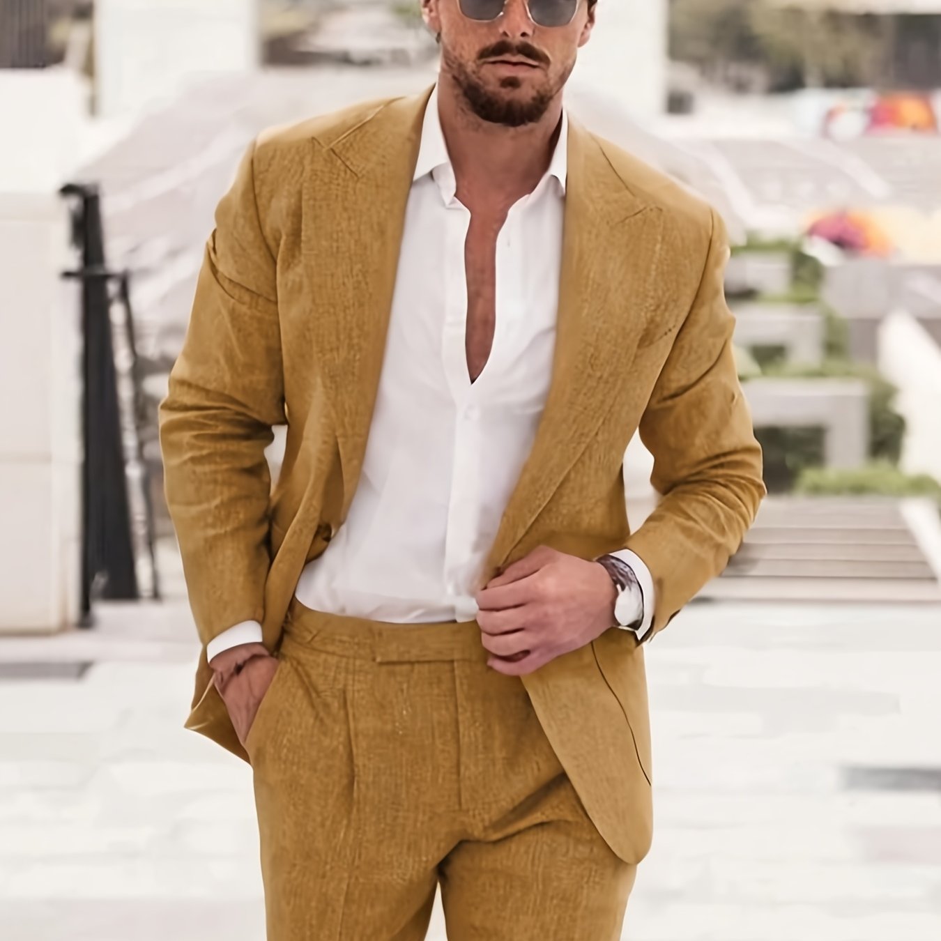 Naples Cotton Linen Men Suit Two Piece Slim Fit Tuxedo Set