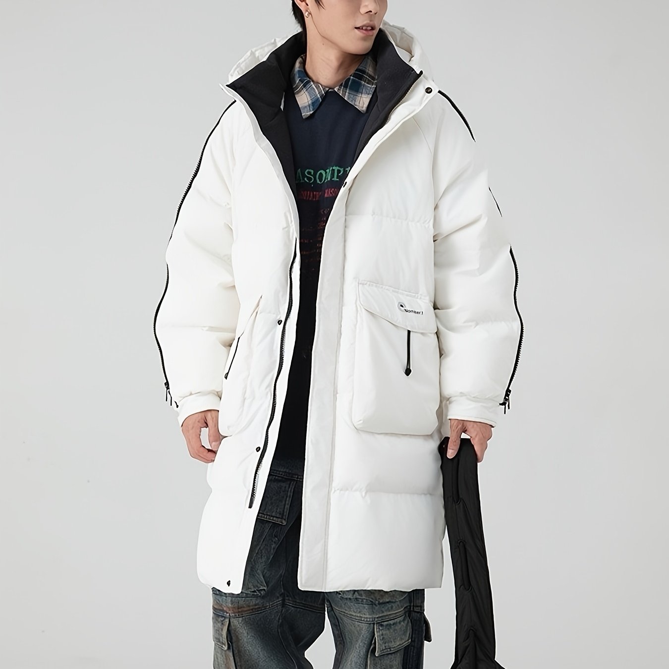 Mens Long Hooded Winter Coat Parka With Zippered Stripes