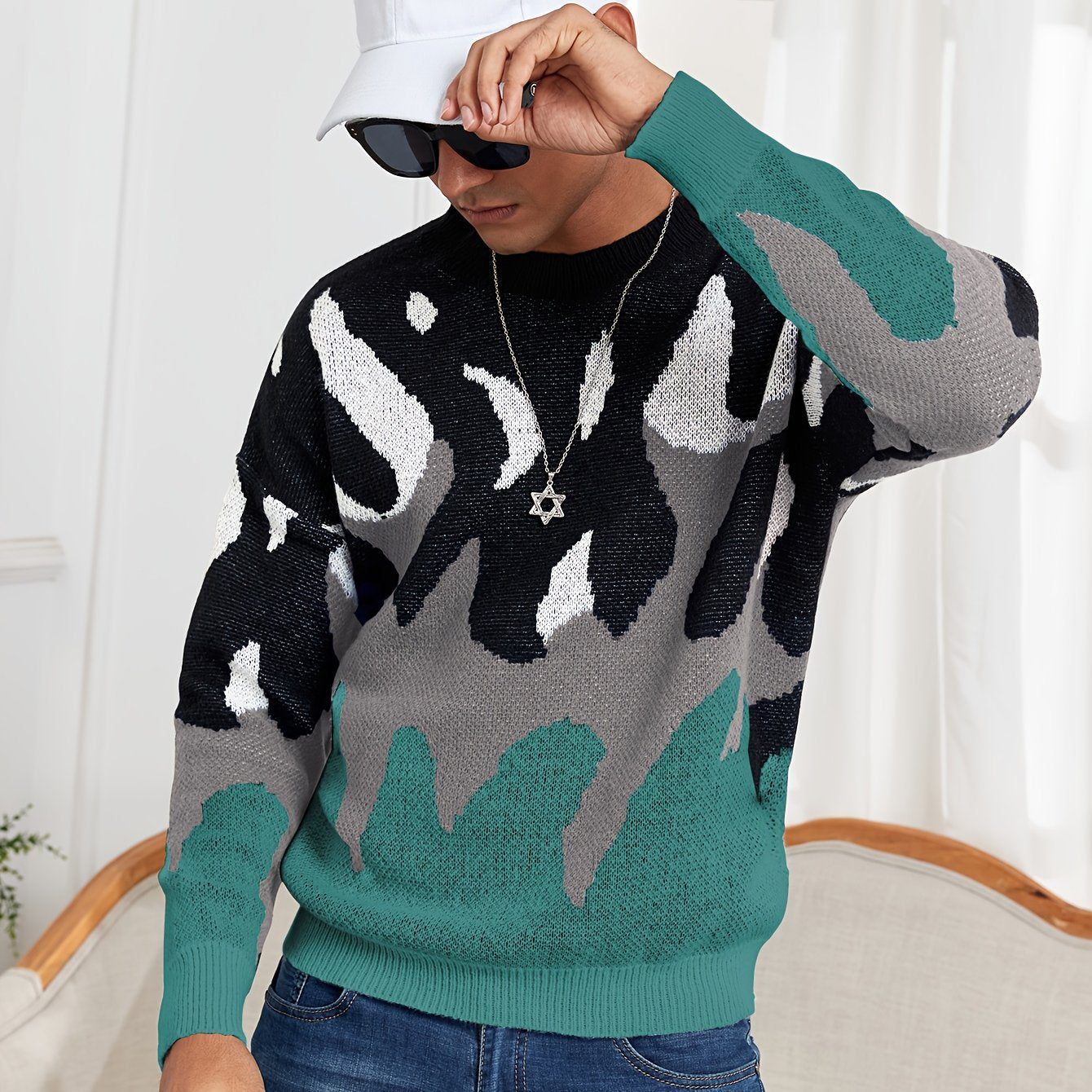 Oversized Crewneck Sweater Flame Graphic Knit For Men Women