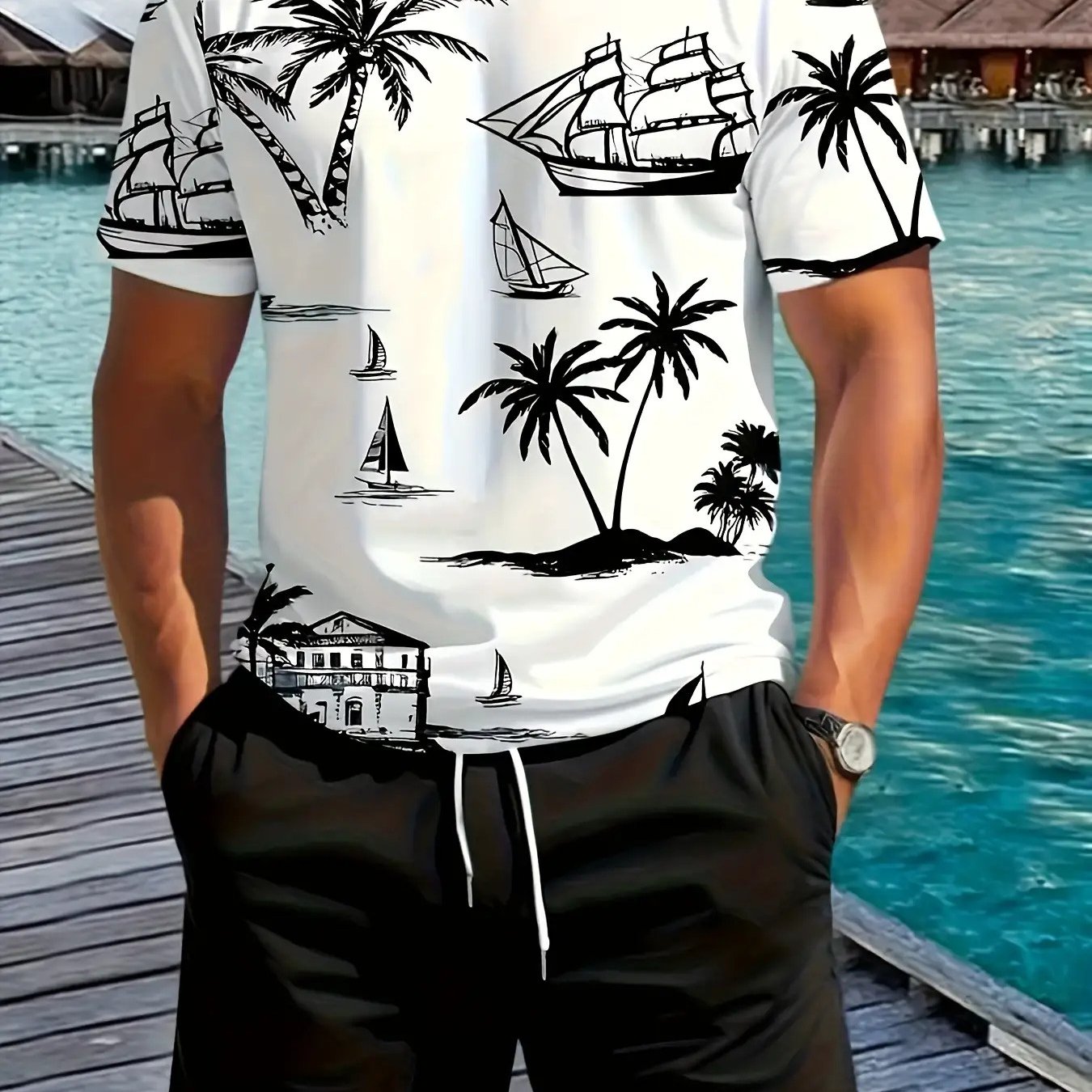Mens Tropical Palm Nautical Print Tee And Shorts Set