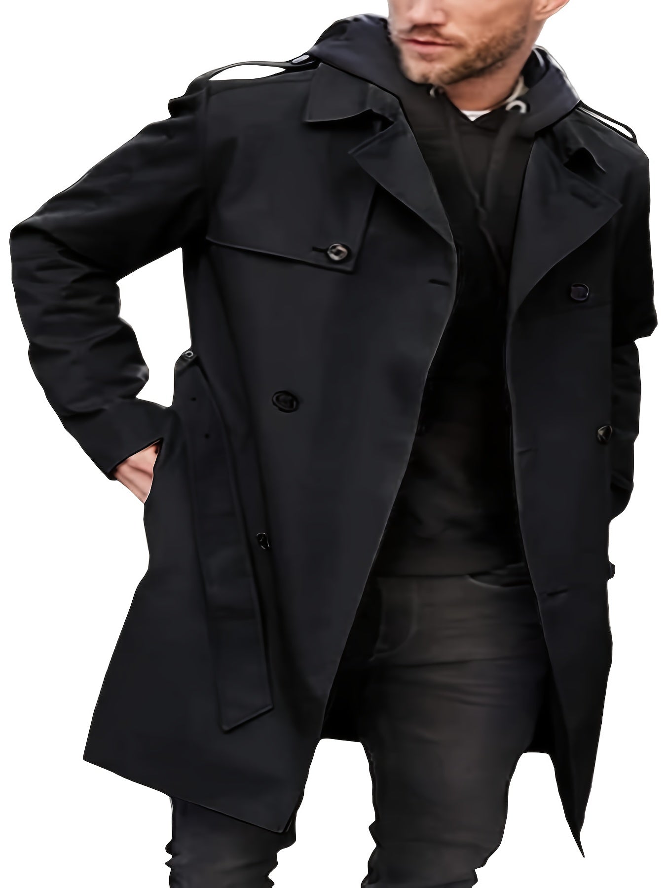 Mens Slim Fit Double Breasted Trench Coat Belted Waist