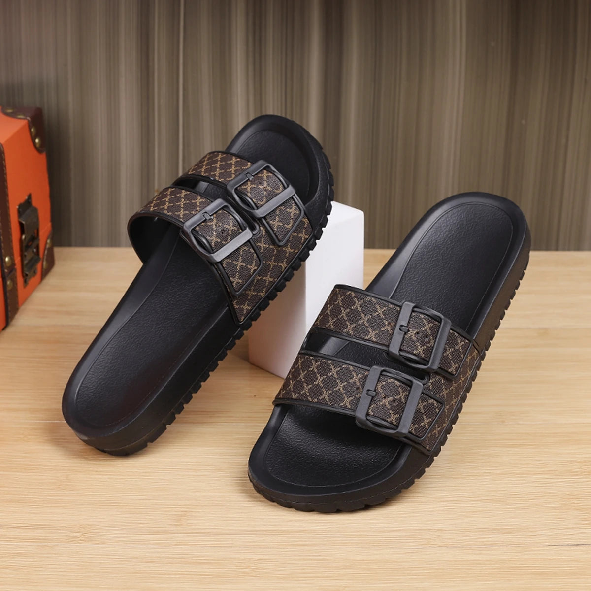 Mens Double Button Slippers Lightweight Breathable Home Wear