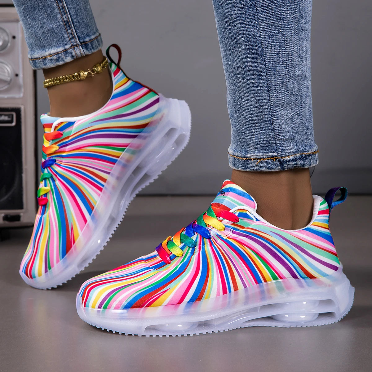 Women Swirl Stripe Air Cushion Sneakers Lace Up Shoes Lightweight