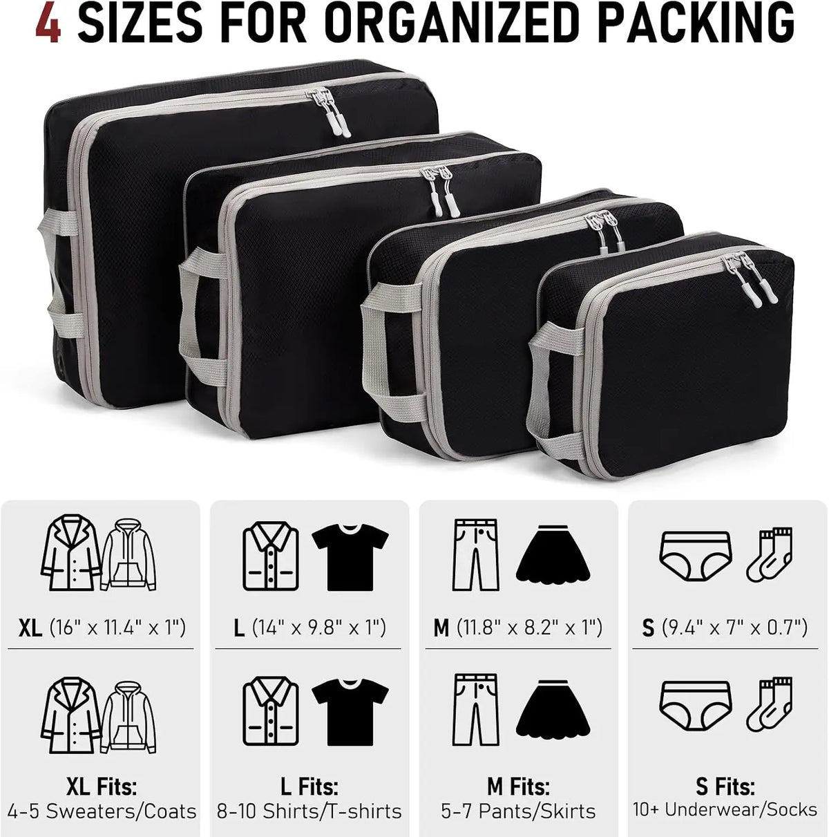 4Pcs/Set Travel Compression Packing Cubes Bag S/M/L/X Portable Suitcase Clothes Organizers Waterproof Luggage Storage Cases Drawer Bags for Travel