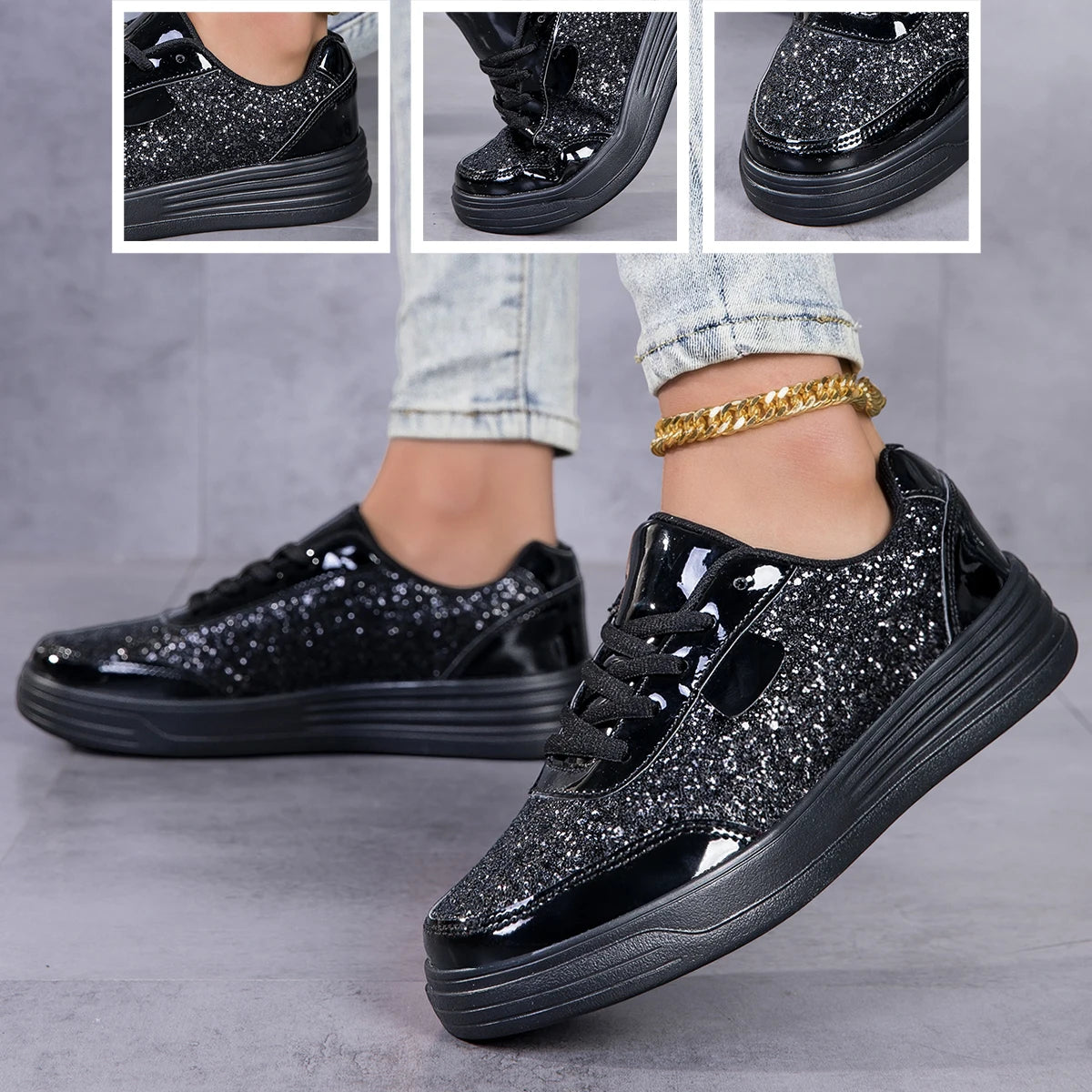 Women Glitter Platform Sneakers Lace Up Metallic Patent Leather Sole