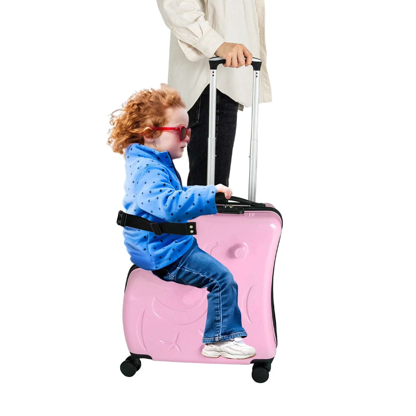 Trolley-Luggage, Portable Children’s Travel Trolley Case, Ride-On Suitcase, 20 Inch Double Wheel Pink Kids Carry On, Large Capacity Storage, Seat Belt with Handrail and Footrest, Secure Travel Bag, Multi-functional Kids Sui