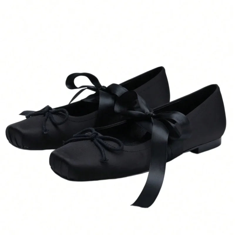 Women Satin Square Toe Ballet Flats With Ankle Ribbon Bow