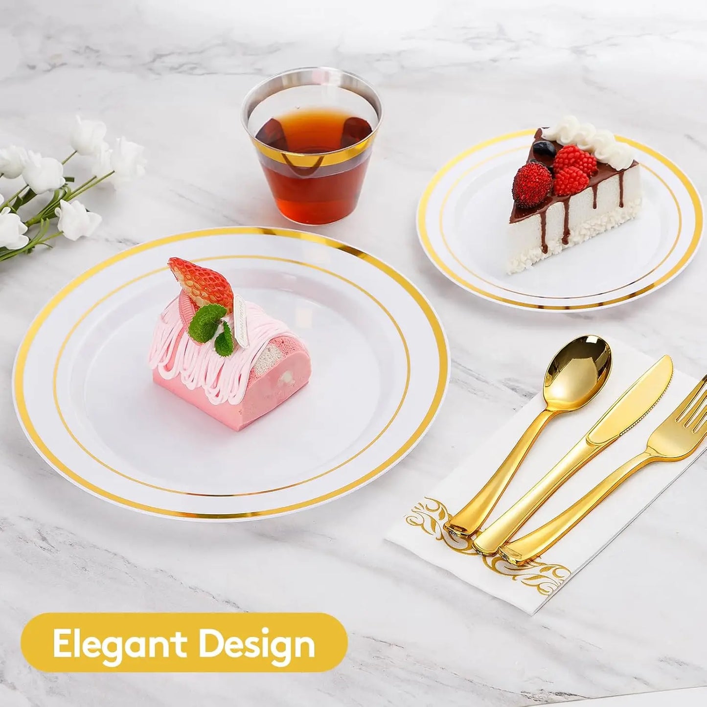 700 Piece Gold Dinnerware Set for 100 Guests, Disposable for Party, Include: 100 Gold Rim Dinner Plates, 100 Dessert Pl