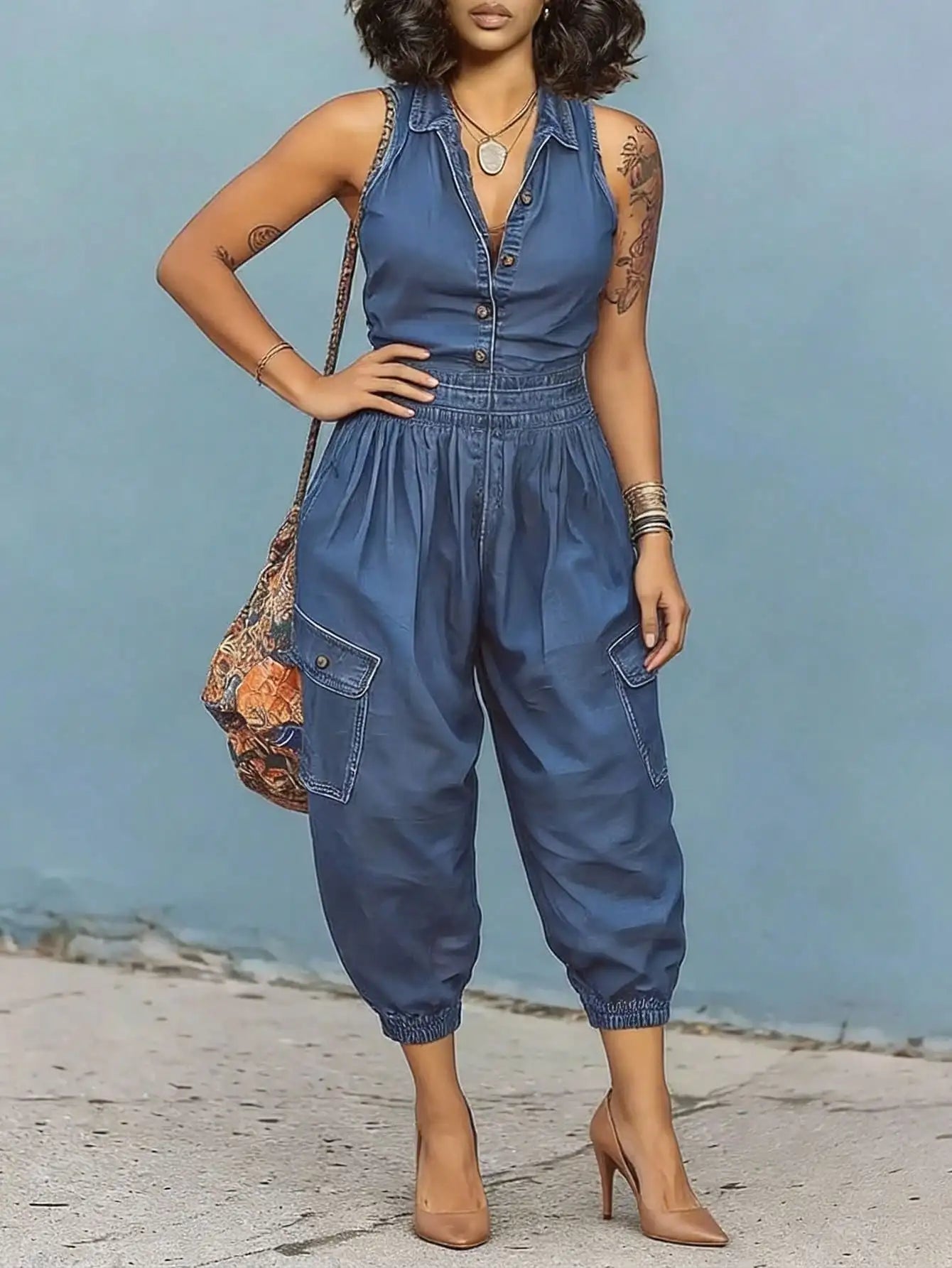 GLOURI Women's Barrel Denim Jumpsuits, Sleeveless Front Button Down High Rise Elastic Waist Wide Leg Jean Overalls, Casual Weekend Daily Outfits, One Piece Jean Streetwear Rompers for Women