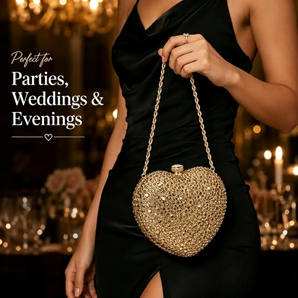 Women Golden Rhinestone Heart Evening Clutch Bag Detachable Chain Shoulder Crossbody Bag Luxury Wedding Bridal Purse Prom Party Cocktail Handbag