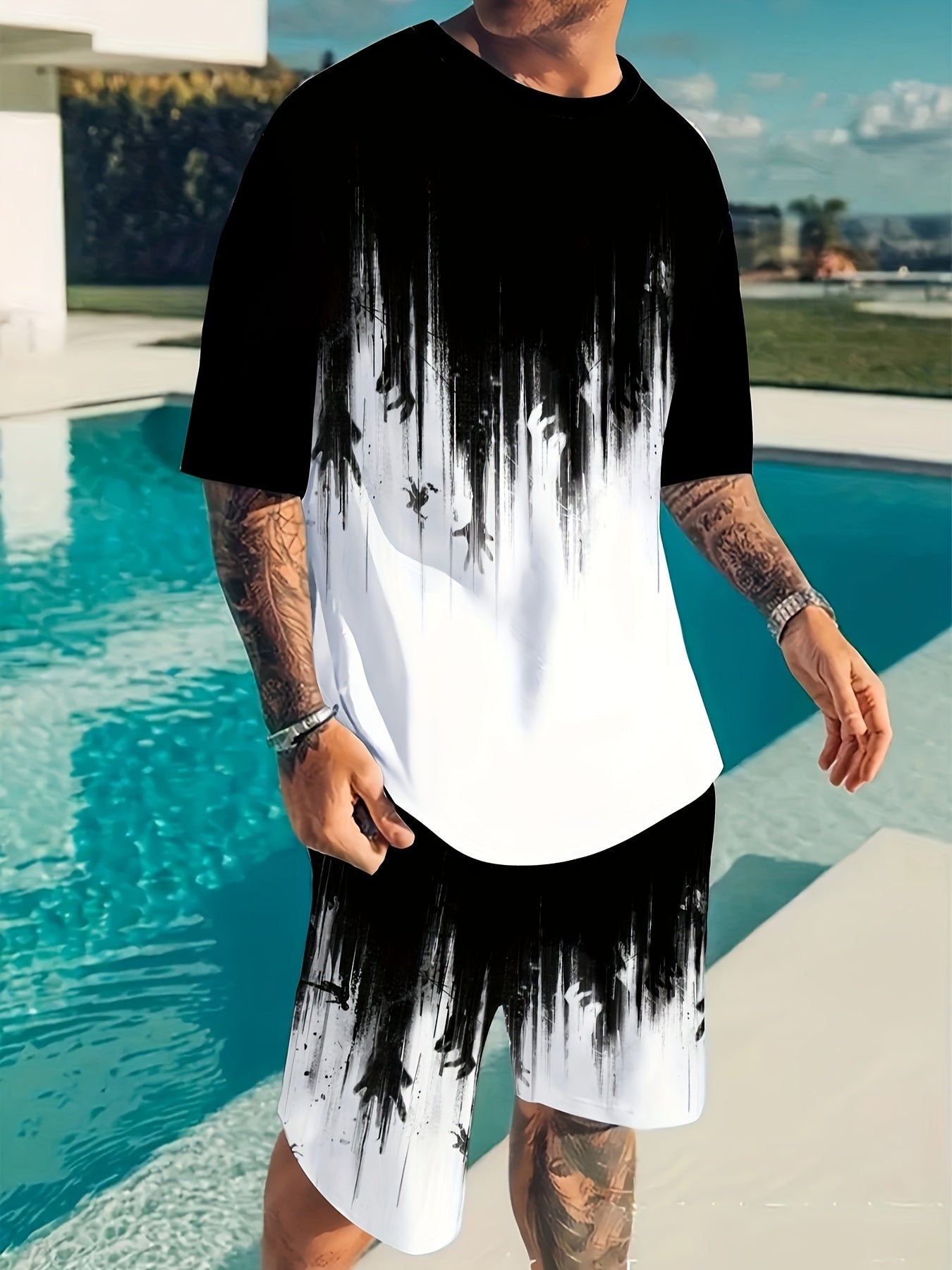 2 Piece Men's Casual T Shirt And Shorts Set Print Polyester