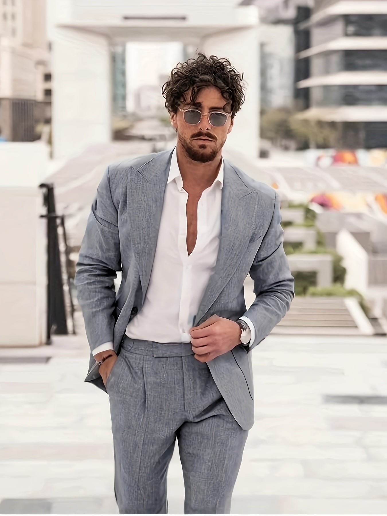 Naples Cotton Linen Men Suit Two Piece Slim Fit Tuxedo Set