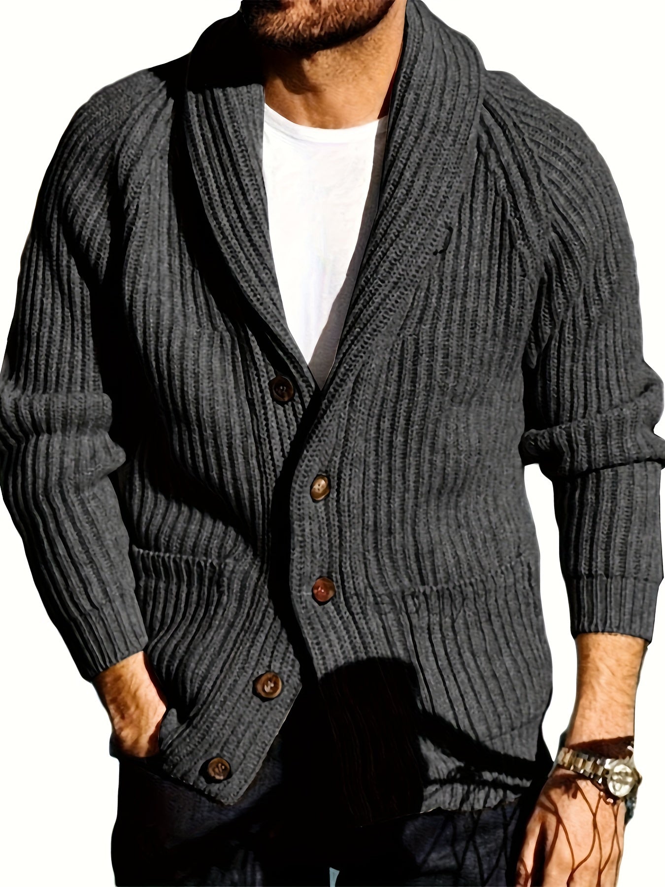 Men's Shawl Collar Cardigan Cable Knit Ribbed Outwear
