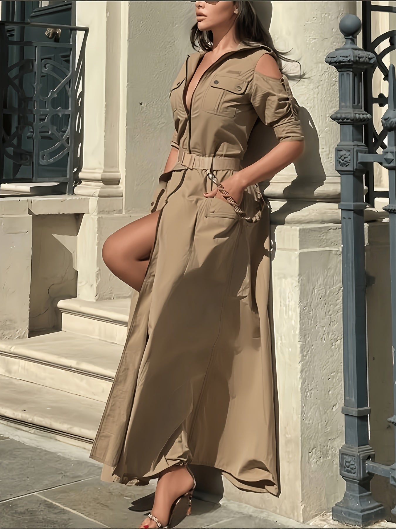 Elegant Off Shoulder Maxi Dress With Zipper Pockets