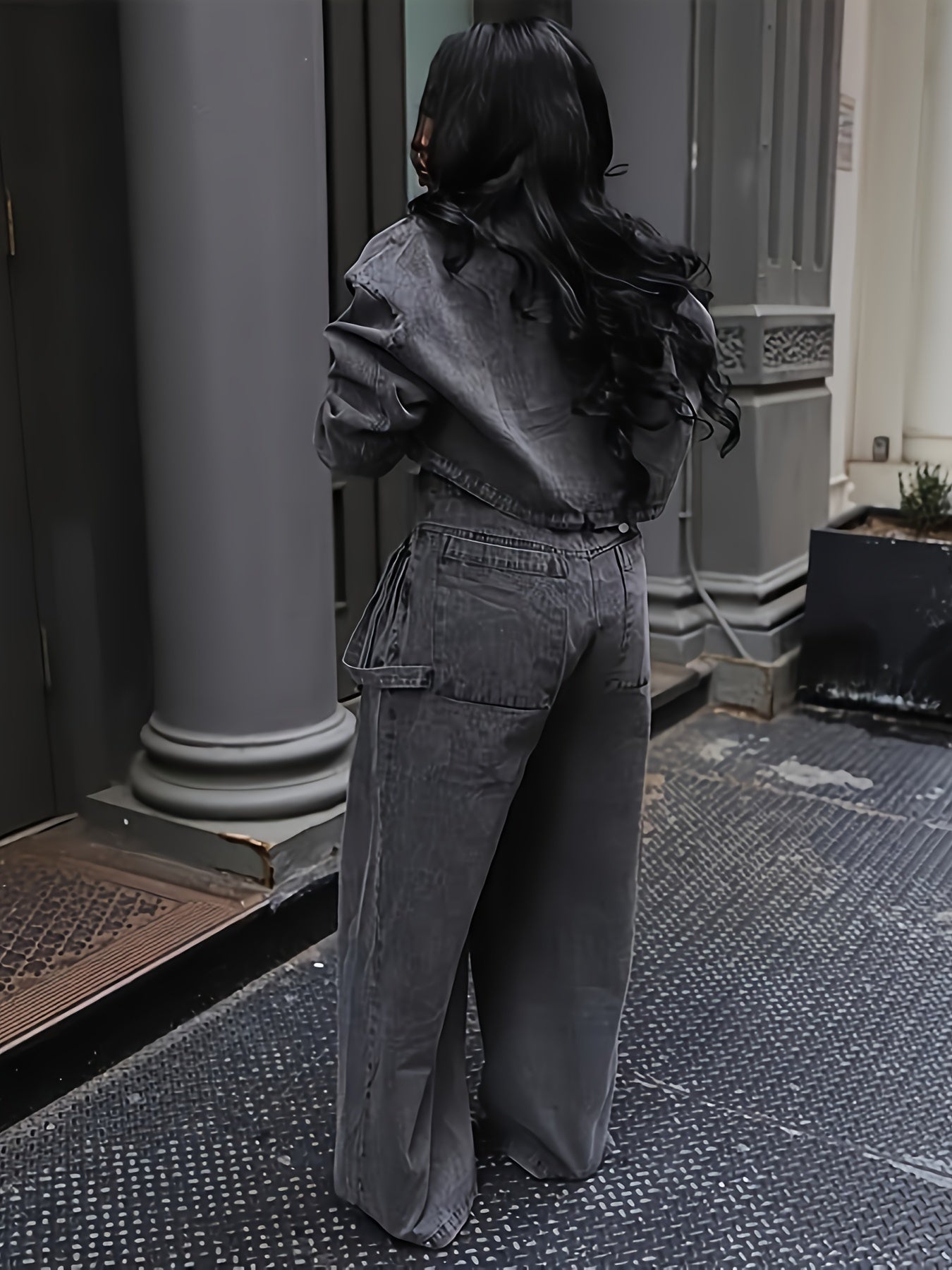 Women's Denim Set Jacket And Wide Leg Pants Polyester
