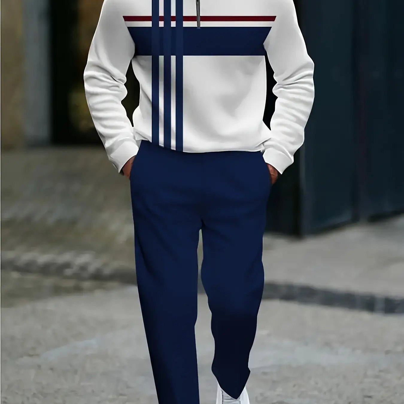 Men's Long Sleeve Tracksuit Set With Bold Contrast Stripes