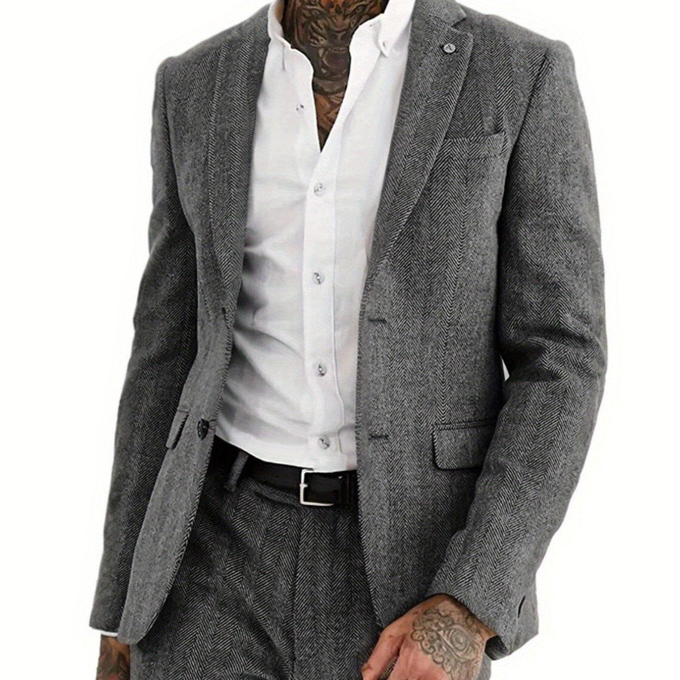Men's Wool Blend Tweed Suit Herringbone Formal Wedding Event