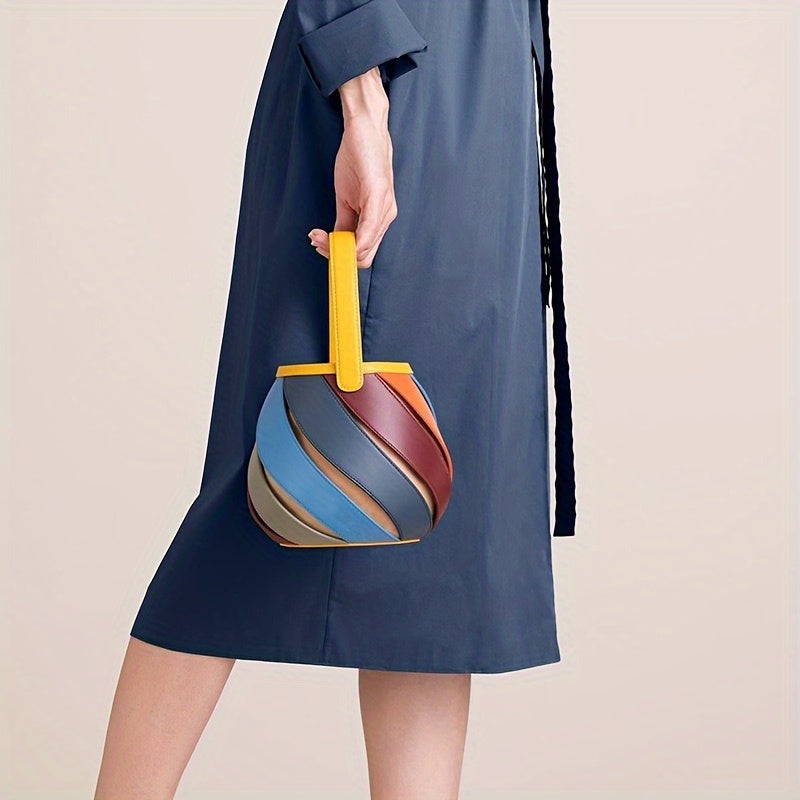 Genuine Leather Rainbow Color-Block Bucket Bag by Unknown Brand