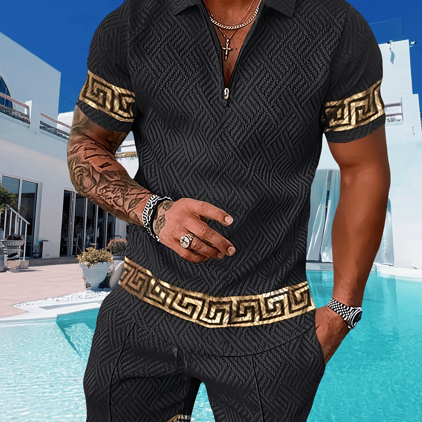 Men's Casual T Shirt Shorts Set Geometric Polyester Fabric