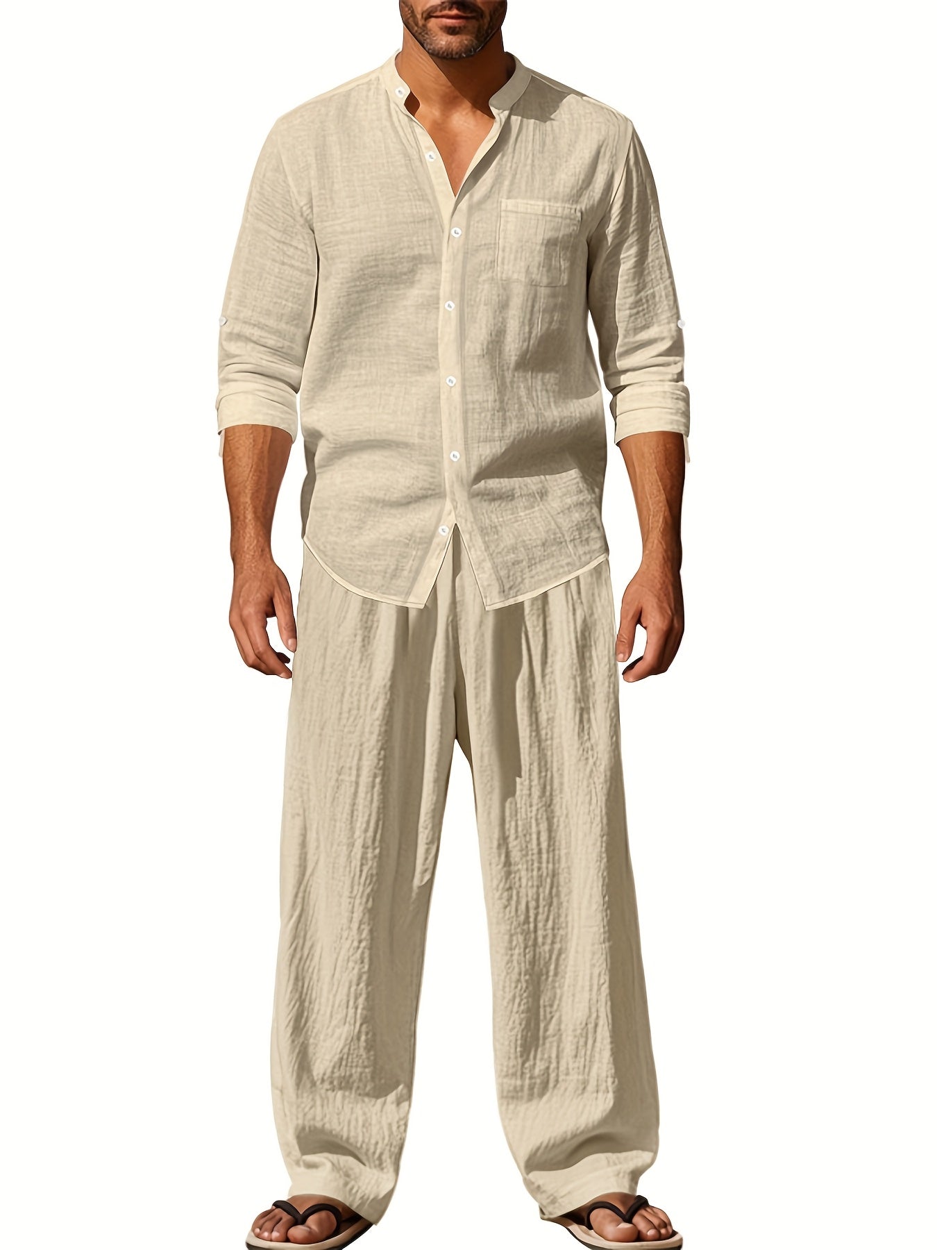 Mens Breathable Linen Suit Set Two Piece Office Wear