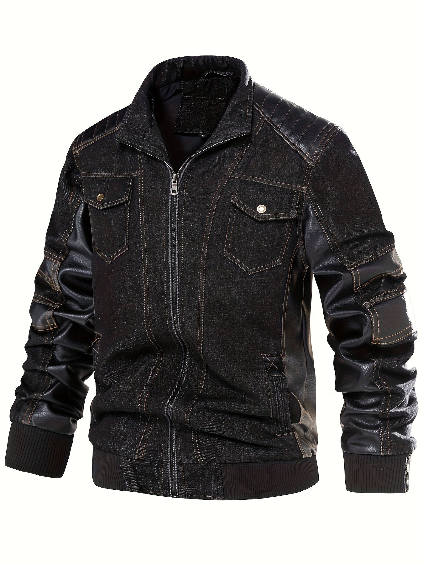 MSOPCCACollar Patchwork Denim Faux Leather Moto Jacket