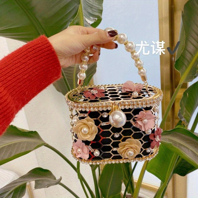 French Vintage Fairy Handset Flower Basket Clutch Bag