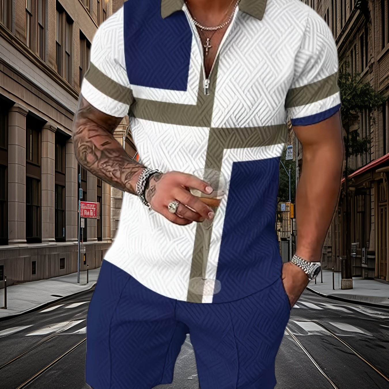 Men's Casual T Shirt Shorts Set Geometric Polyester Fabric