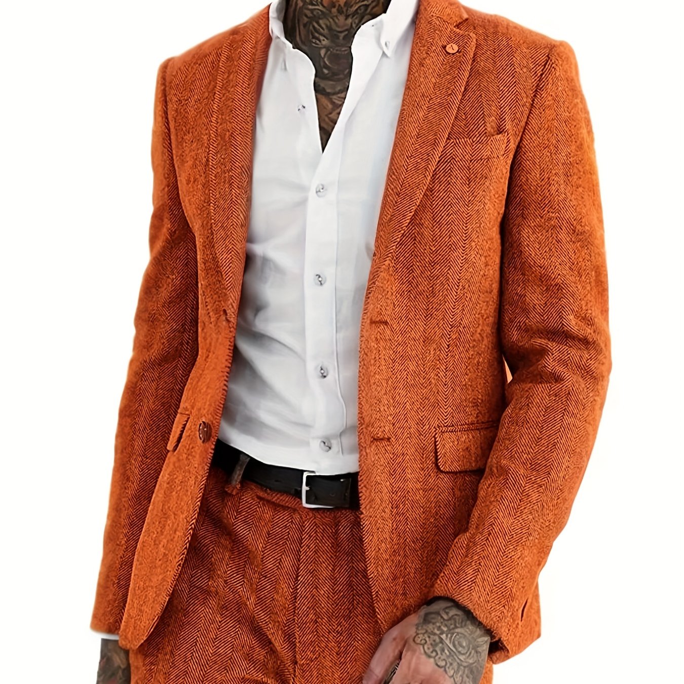 Men's Wool Blend Tweed Suit Herringbone Formal Wedding Event