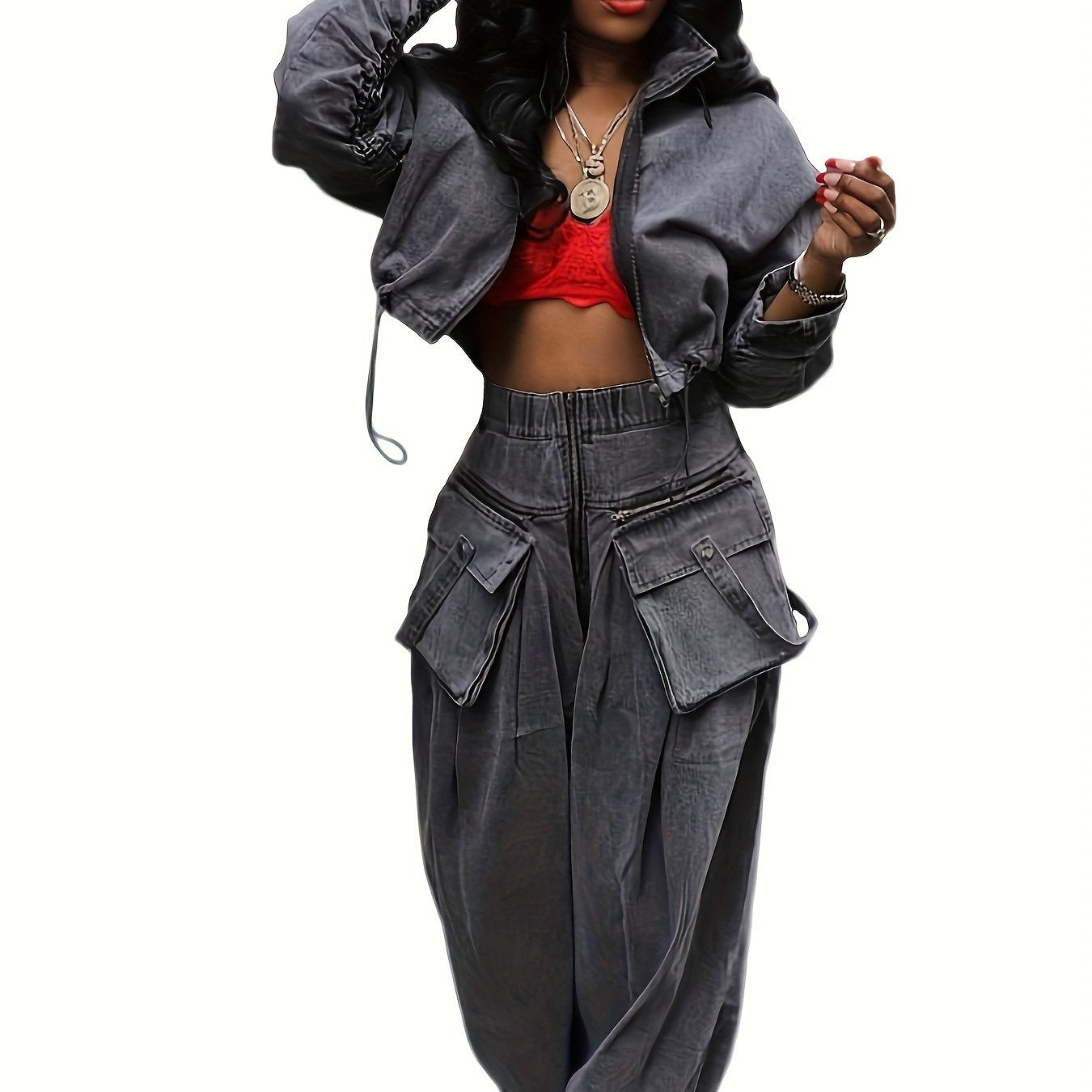 Women's Denim Set Jacket And Wide Leg Pants Polyester