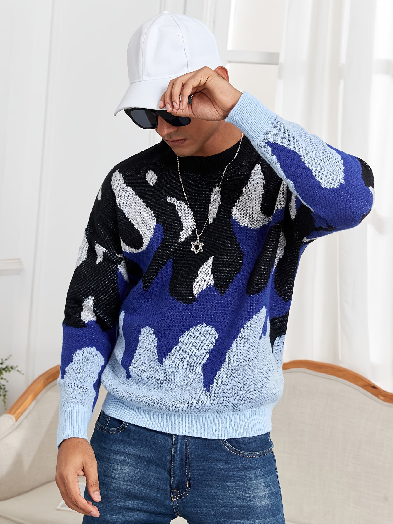 Oversized Crewneck Sweater Flame Graphic Knit For Men Women
