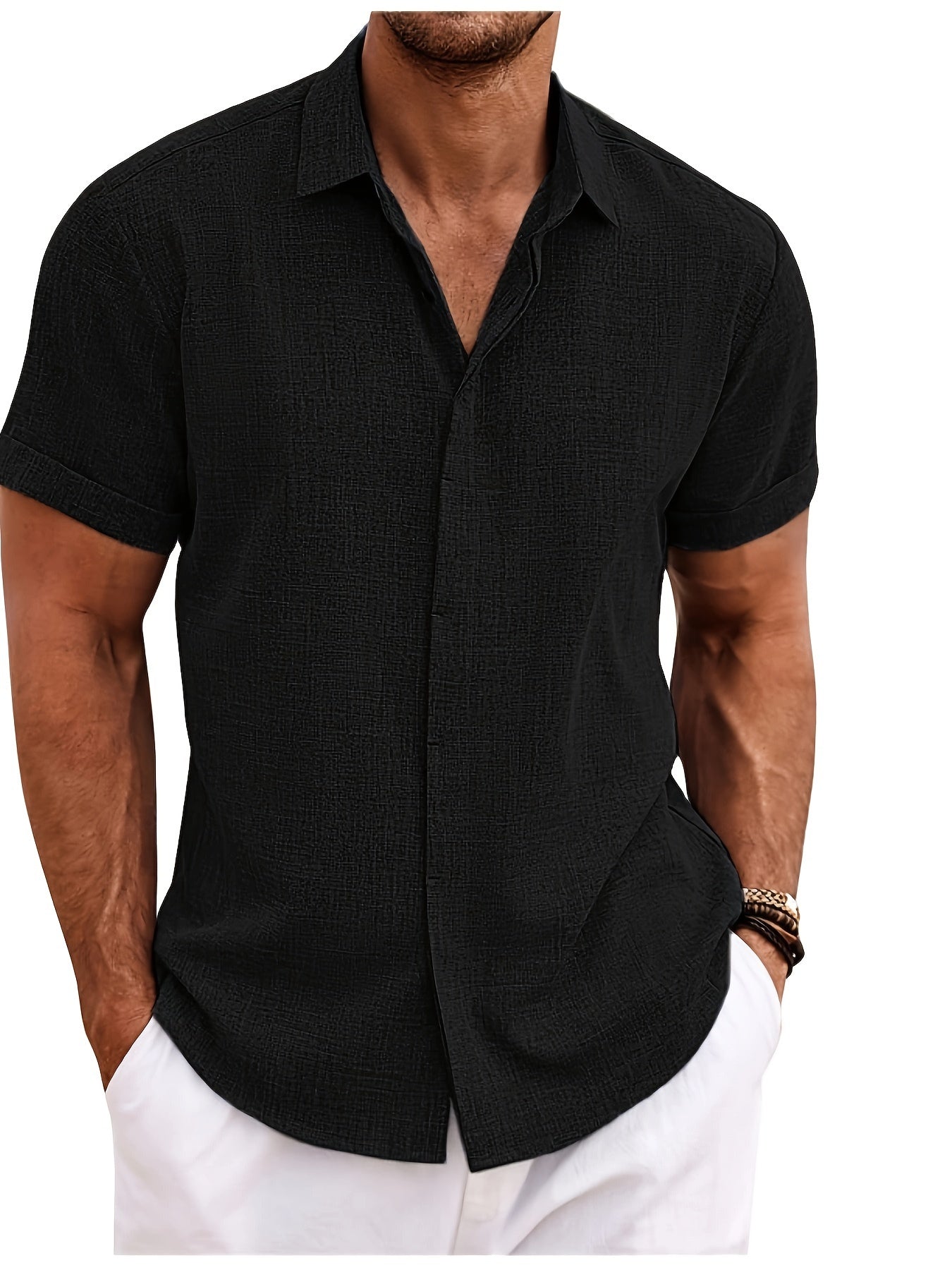 SCACTO Men's Lapel Short Sleeve Shirt Polyester Summer