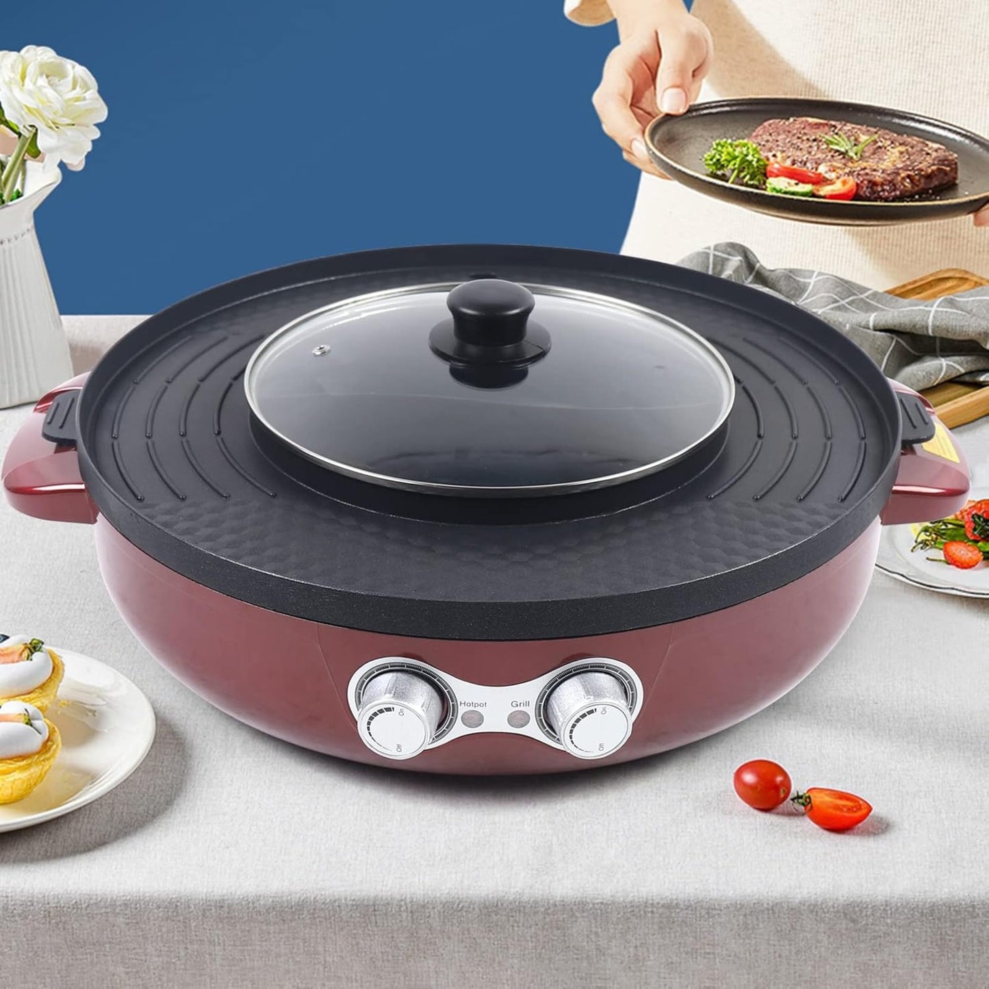 CNCEST 2 In 1 Electric Smokeless Grill Hot Pot Barbeque